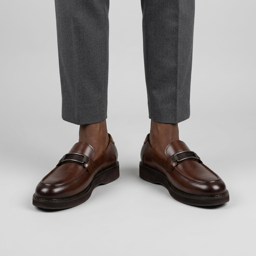 Man wearing brown leather loafers with metal buckle trim on a plain studio background