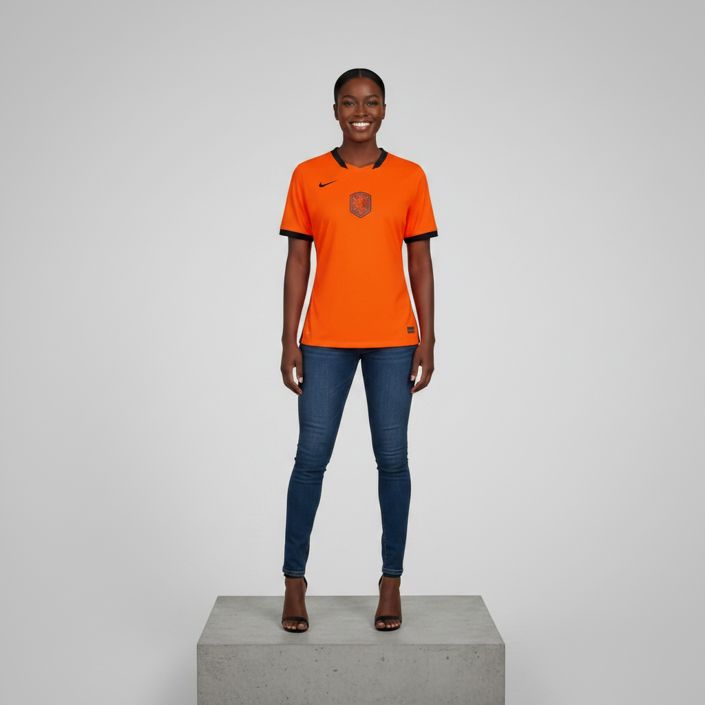 Nigerian female model wearing bright orange home football jersey on concrete plinth