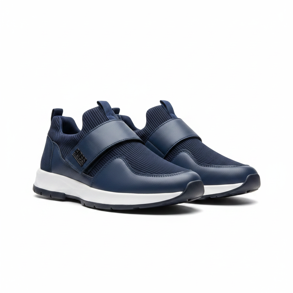 Men's navy blue leather and ribbed knit wide velcro-strap slip-on sneakers pair product shot