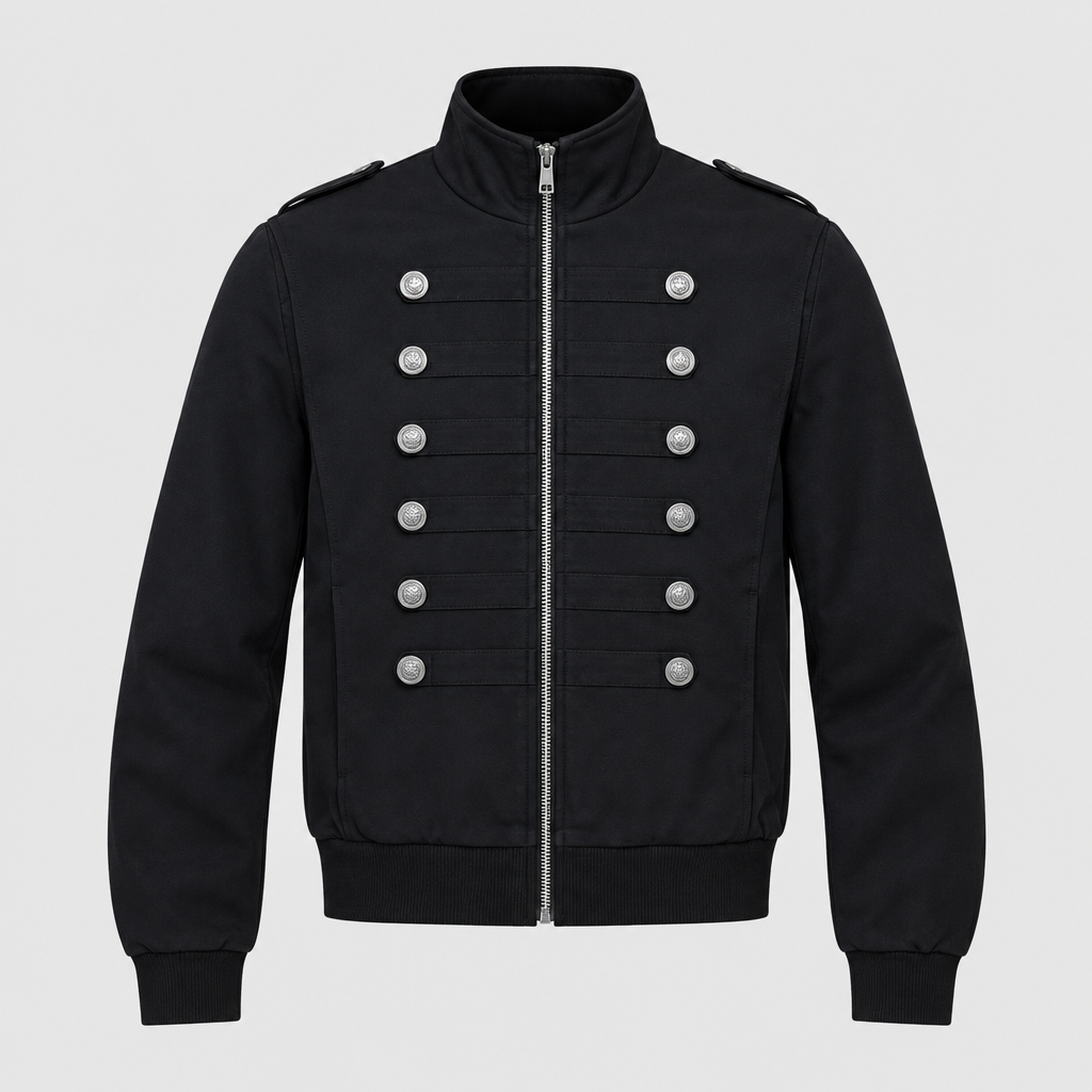Men's black button-detail zip jacket ghost mannequin