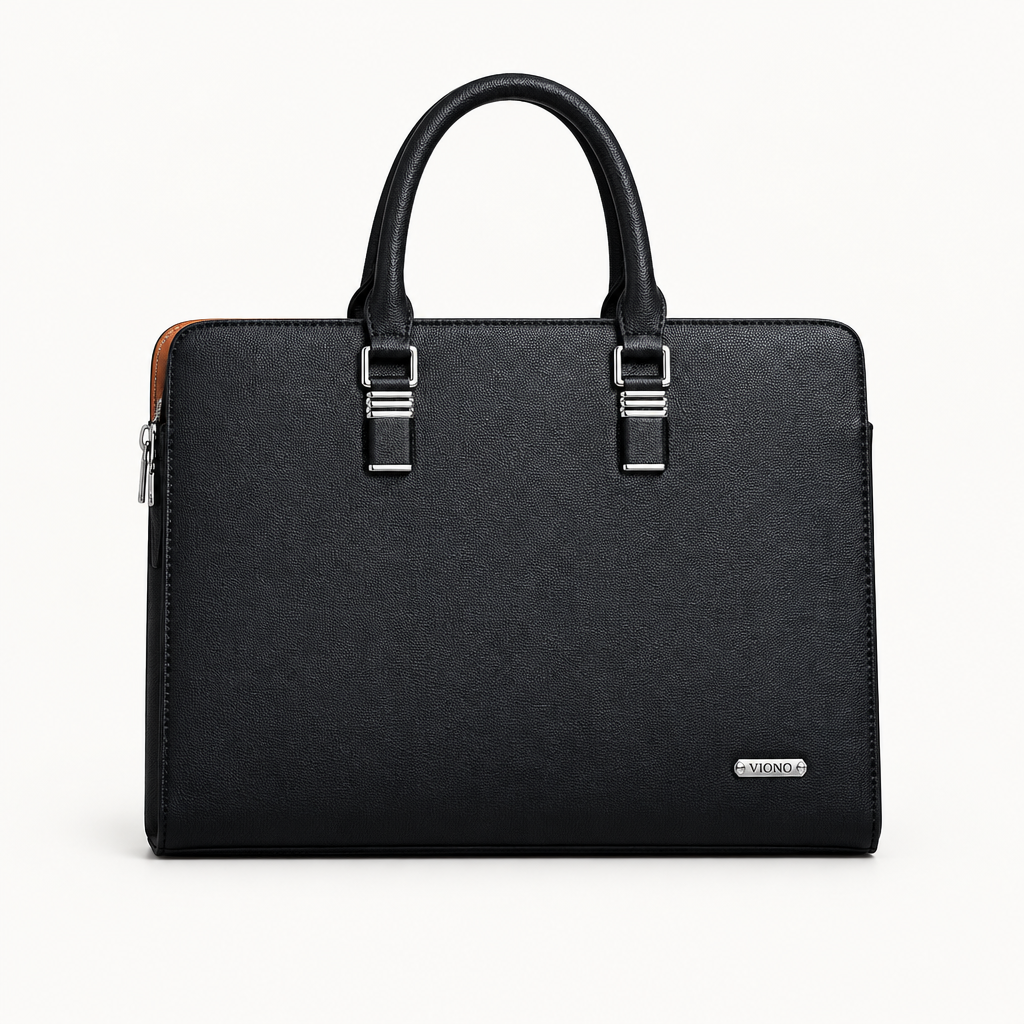Black textured top-handle bag with silver-tone buckle details