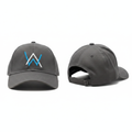 Dark grey structured baseball cap with blue and white geometric logo embroidery ghost mannequin front and side view