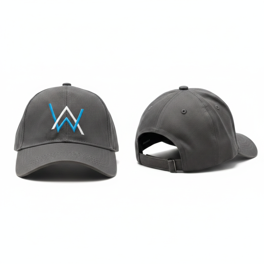 Dark grey structured baseball cap with blue and white geometric logo embroidery ghost mannequin front and side view