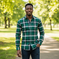 Nigerian model wearing Forest Green Bold Large Plaid Check Long-Sleeve Button-Down Shirt