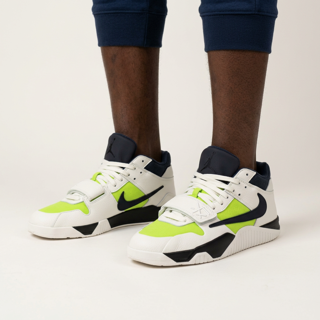 White and lime strap sneakers worn by a Black male model, both lower legs and feet visible