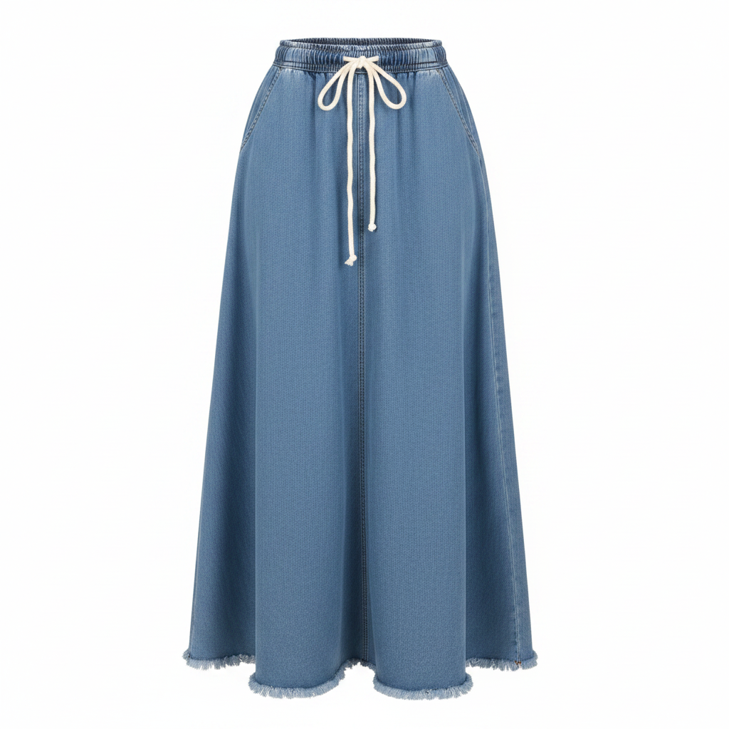 Women's light blue wash drawstring maxi denim skirt ghost mannequin view on white background