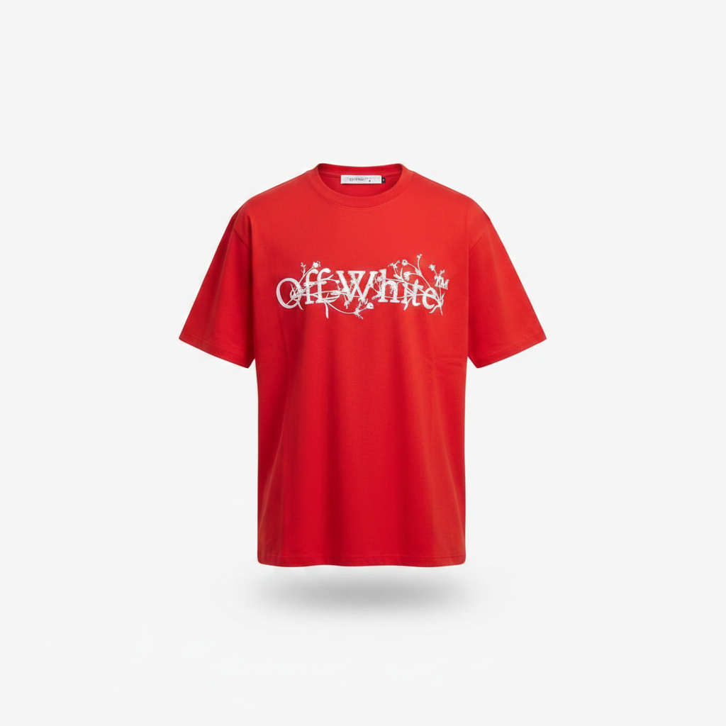 Ghost mannequin front view of the red floral script graphic tee