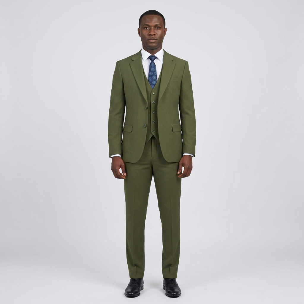 Full-body Black adult model wearing an olive green three-piece suit