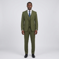 Full-body Black adult model wearing an olive green three-piece suit