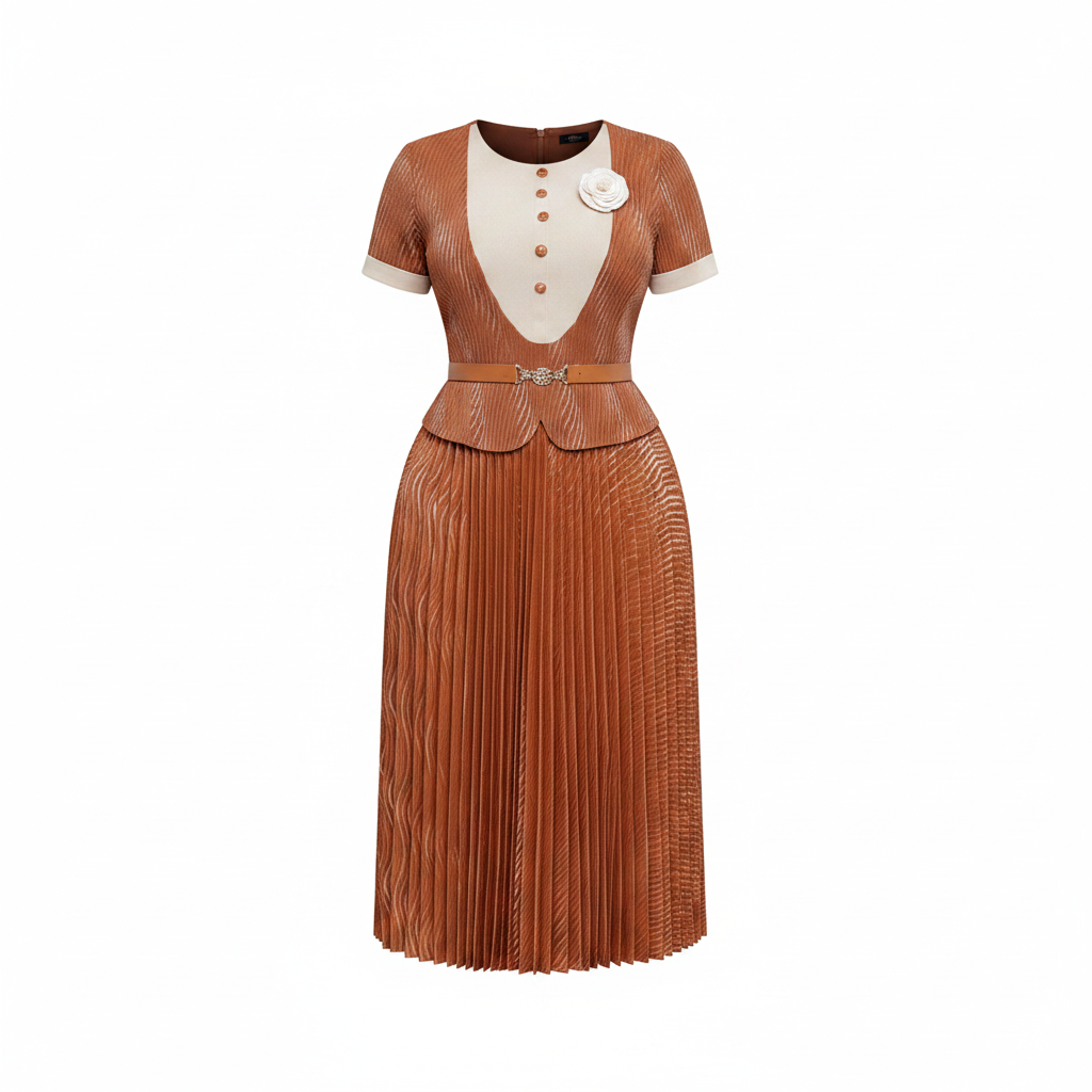 Women's burnt orange peplum pleated midi gown – ghost mannequin front view