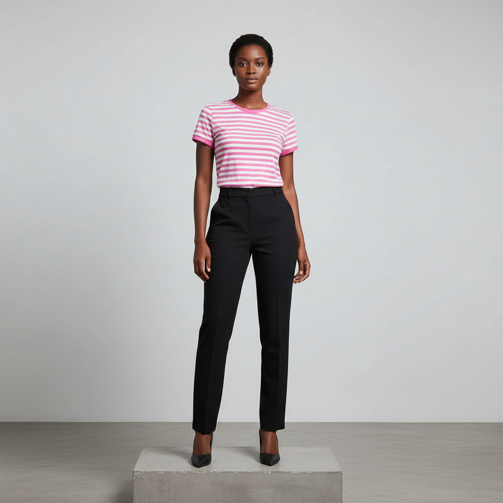 Nigerian female model wearing pink and white stripe fitted tee
