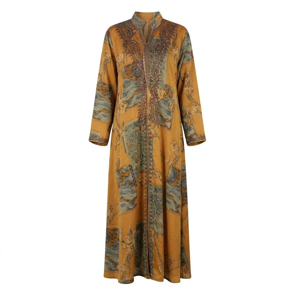 Mustard-gold embellished print abaya on an invisible mannequin against white