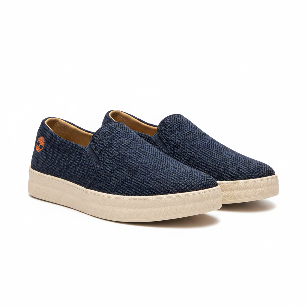 Men's navy blue woven knit slip-on casual shoes pair product shot