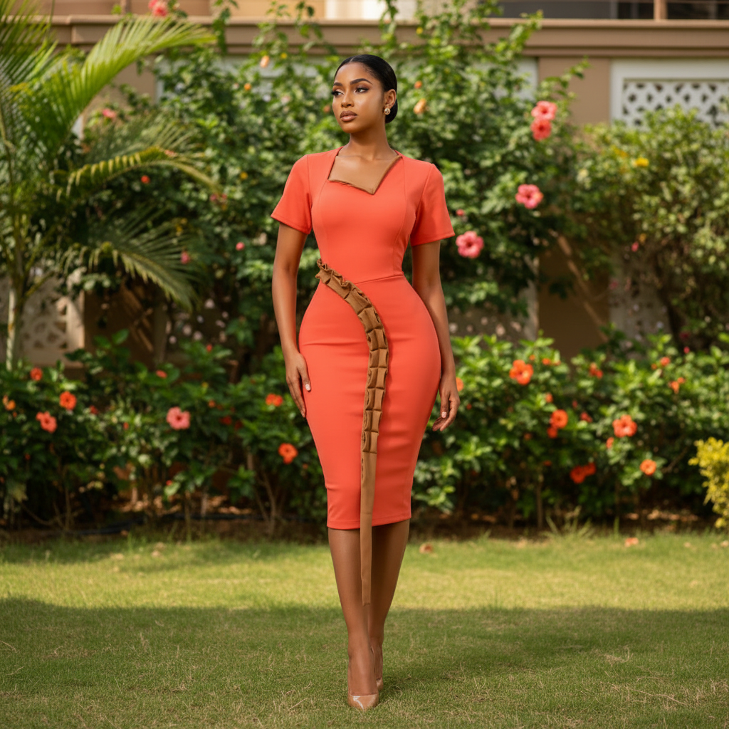 Nigerian female model wearing coral lace-up side detail sweetheart fitted midi dress