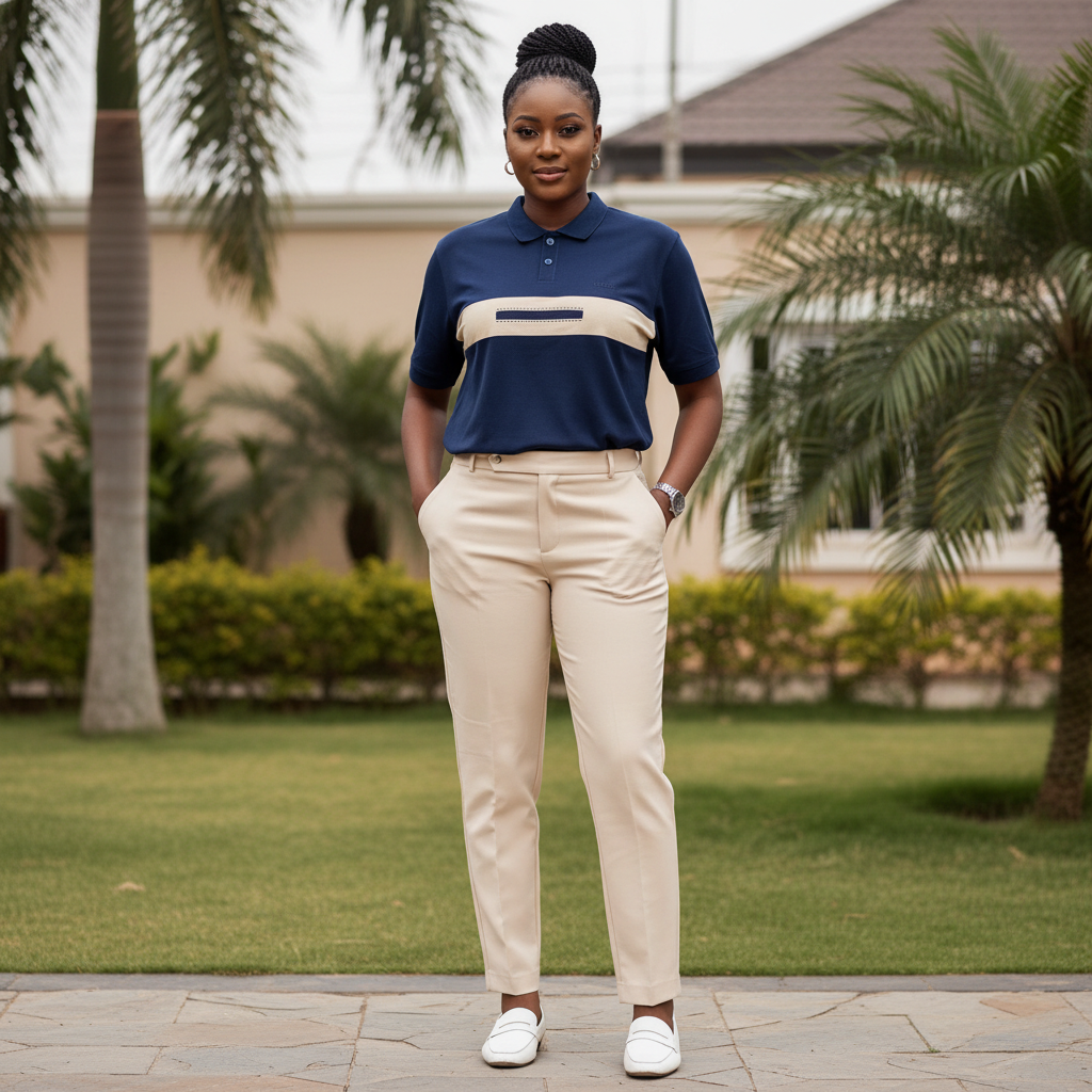 Women's navy blue colour block polo shirt - female model shot
