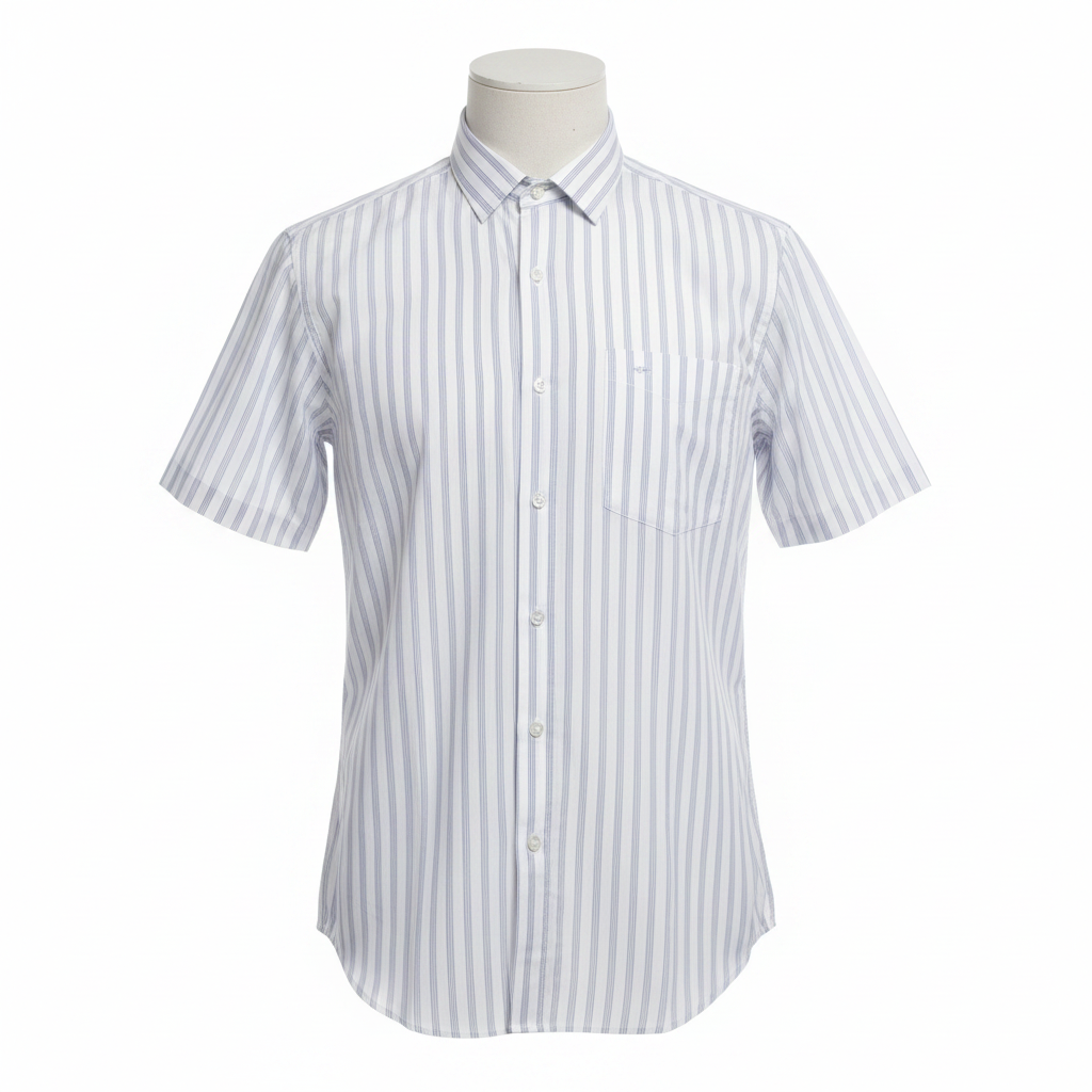 Ghost mannequin front view of white light blue stripe short-sleeved shirt