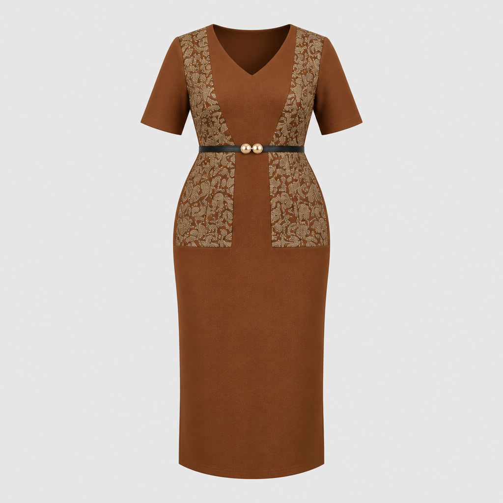 Brown patterned panel midi dress