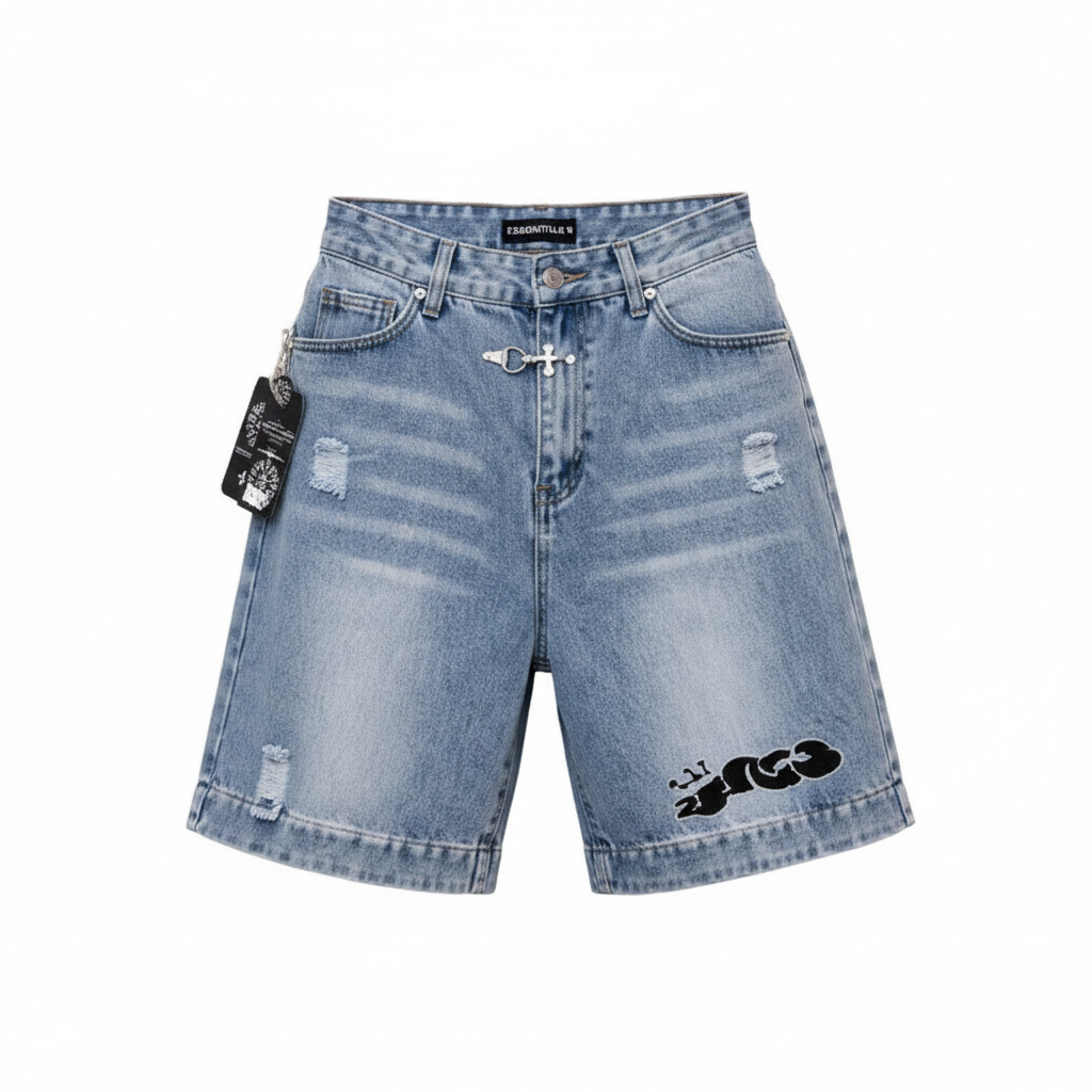 Men's Light Blue Graphic Print Distressed Denim Shorts – Ghost Mannequin Front View