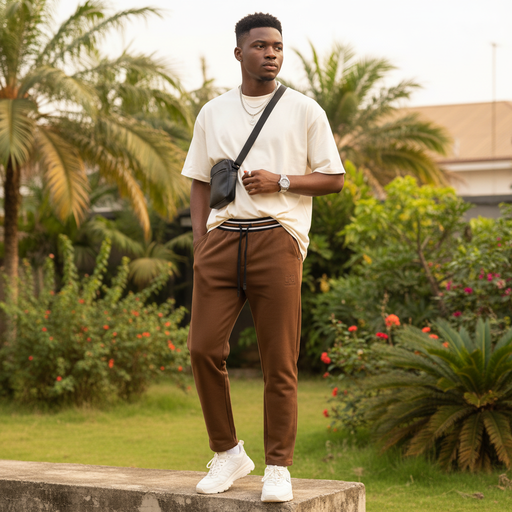 Nigerian male model wearing caramel brown ribbed waistband jogger pants streetwear outdoor