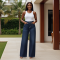 Dark Blue Wide-Leg Contrast Stitch Jeans - Front Model