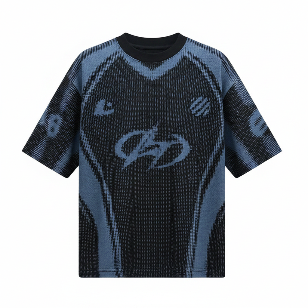 Men's steel blue geometric halftone graphic print shirt ghost mannequin front view