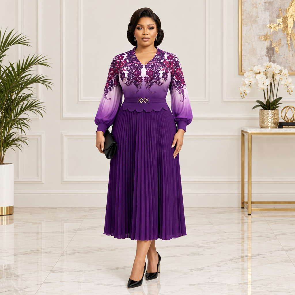 Adult Black woman wearing a purple floral pleated dress