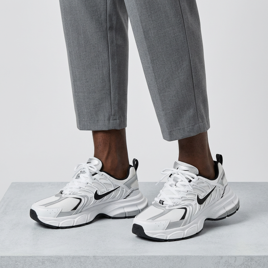 Leg-focused model wearing white and silver-grey mesh sneakers with black accents