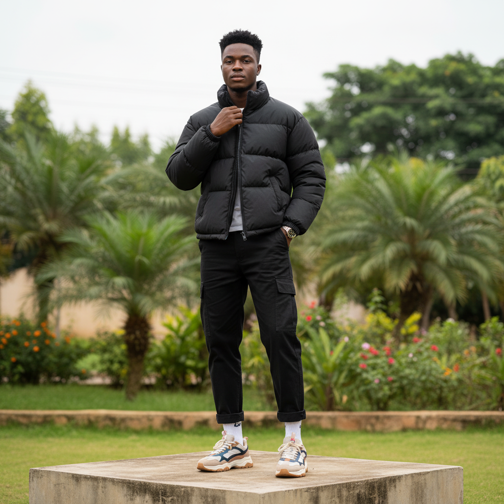 Men's Black Quilted Oversized Puffer Jacket – Nigerian Male Model Shot