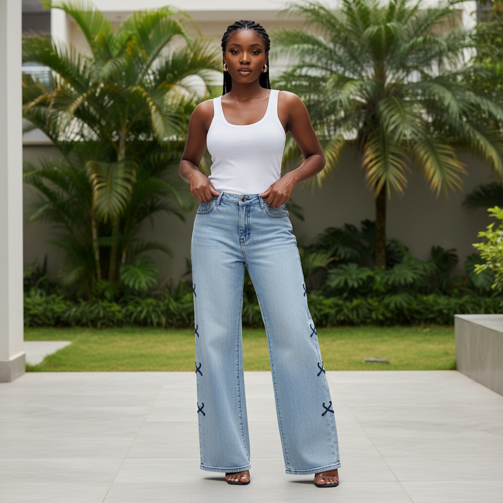 Navy Bow Embroidered Wide-Leg Jeans - Front Model