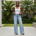 Navy Bow Embroidered Wide-Leg Jeans - Front Model