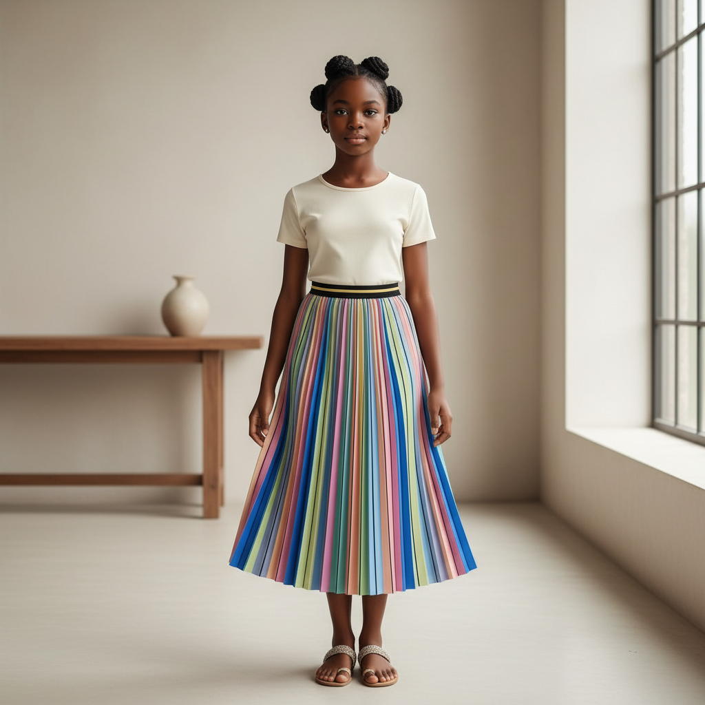Nigerian girl model wearing rainbow striped pleated skirt