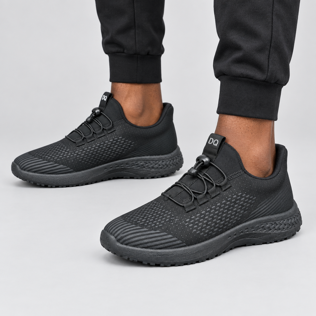 Black Textured Knit Bungee Lace Athletic Sneaker – Model Shot
