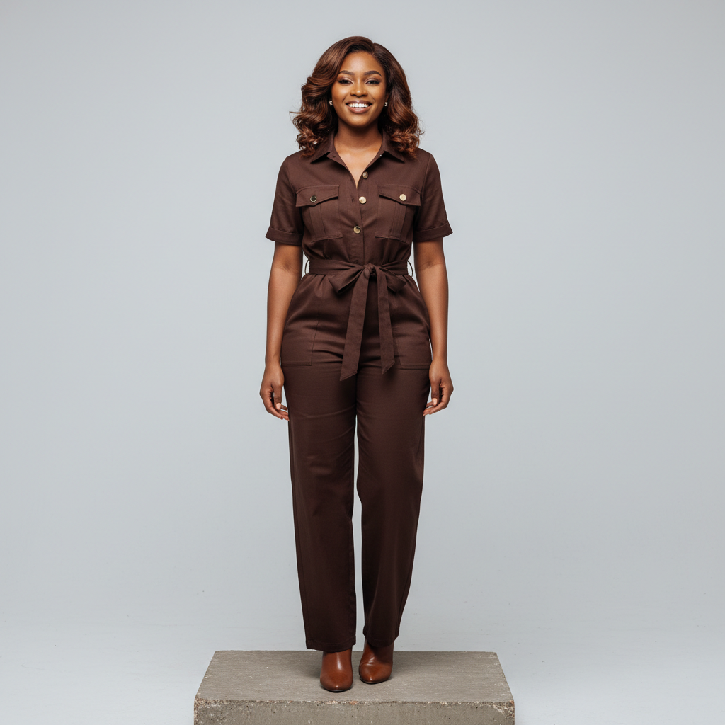 Brown Utility Wide-Leg Jumpsuit - Model Front View