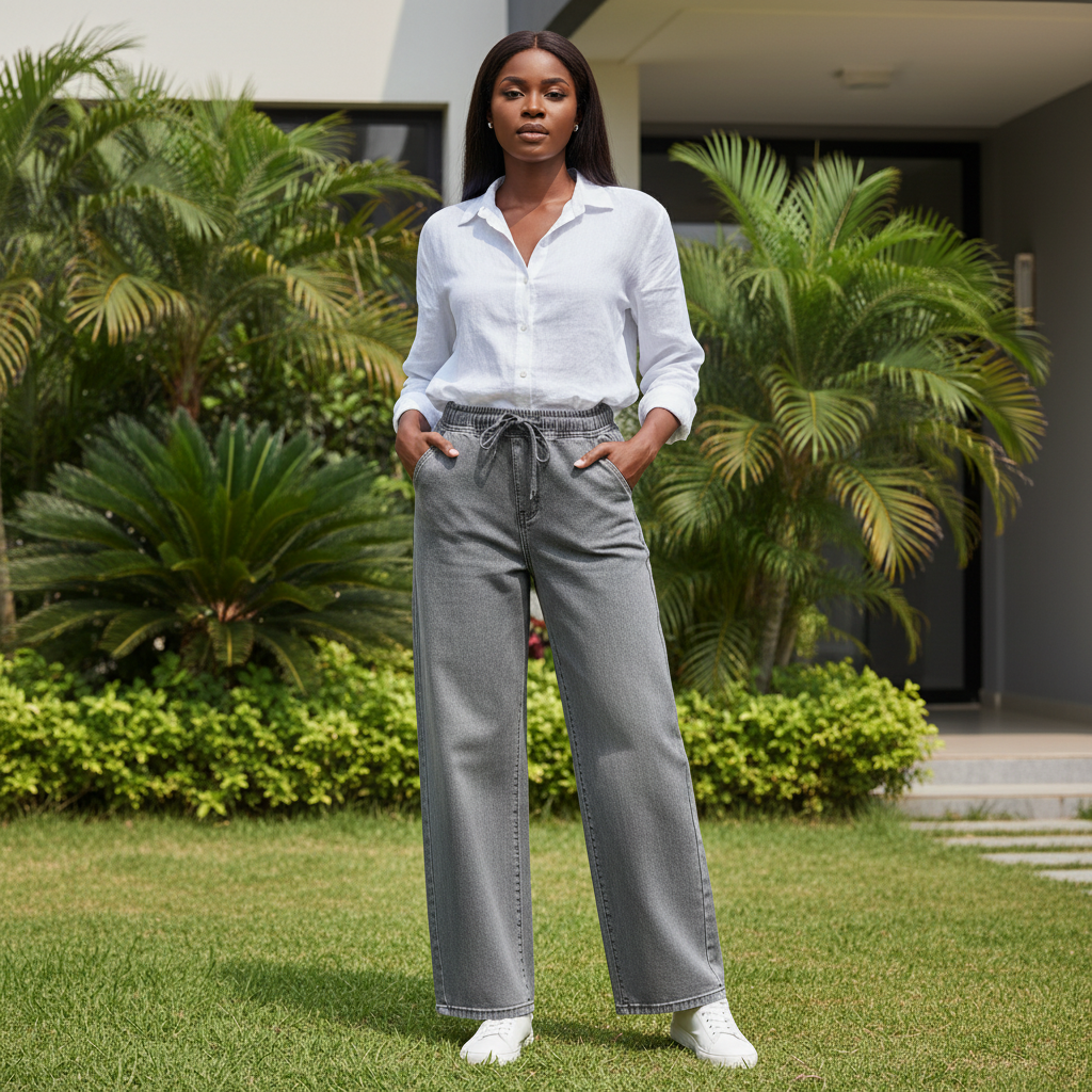 Front view - Grey Washed Drawstring Wide-Leg Jeans
