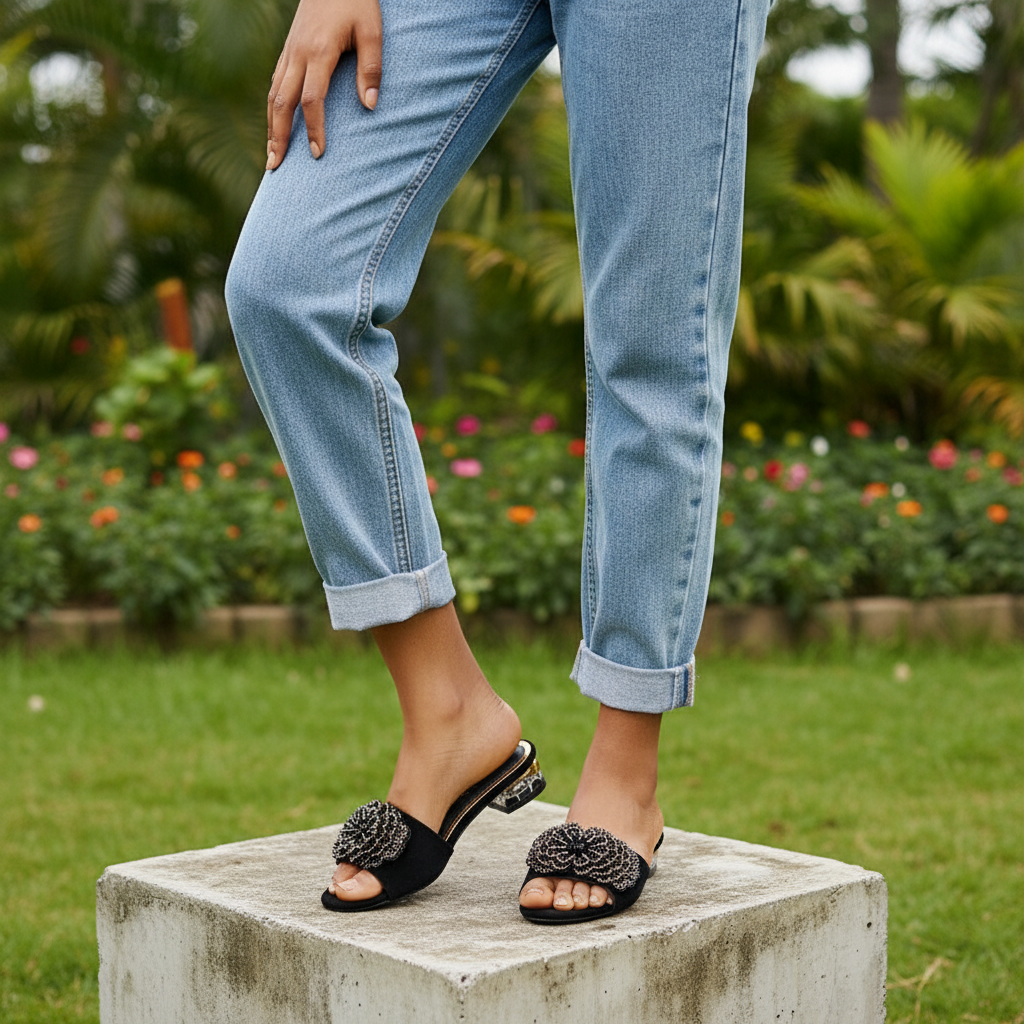 Nigerian model wearing black floral rhinestone mule slippers with clear heel - both feet styled