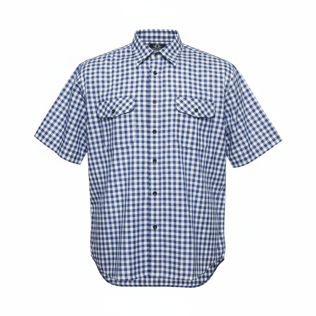 Navy White Gingham Short-Sleeved Shirt - Ghost Mannequin
