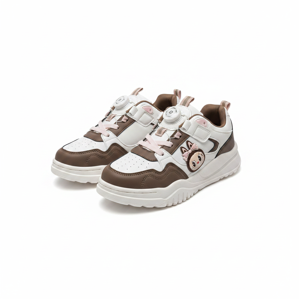 Women's white and brown chunky cartoon sneakers ghost mannequin view