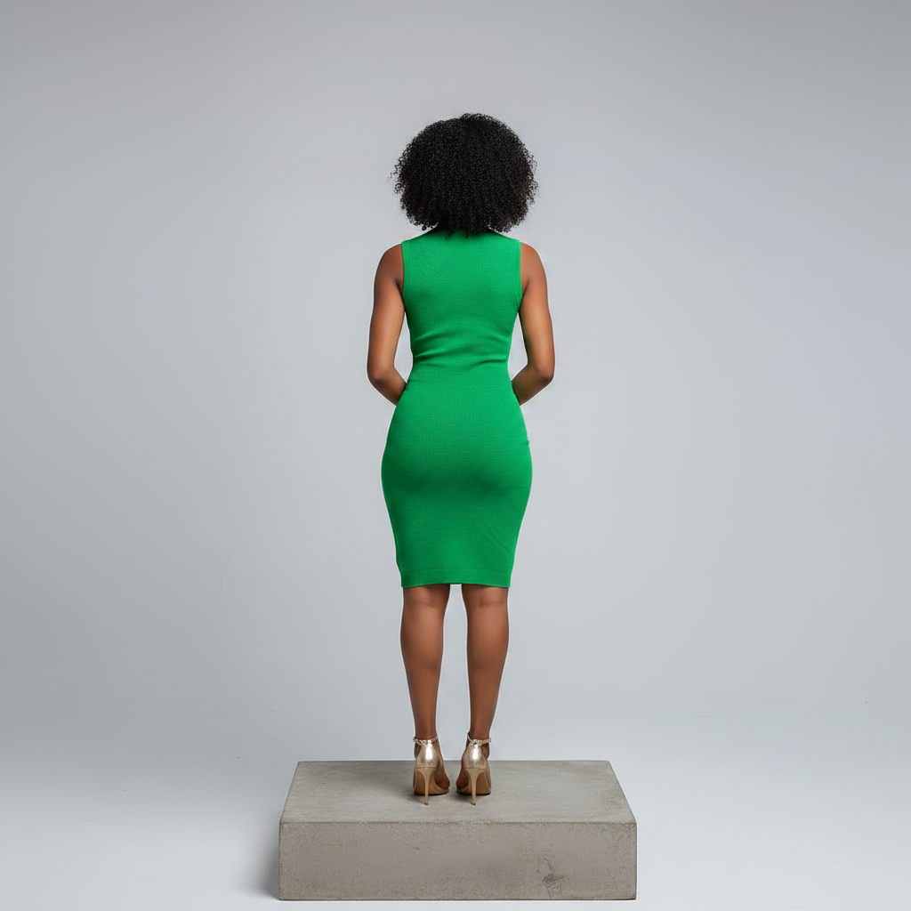 Nigerian female model back view - green Greek key cutout bodycon dress
