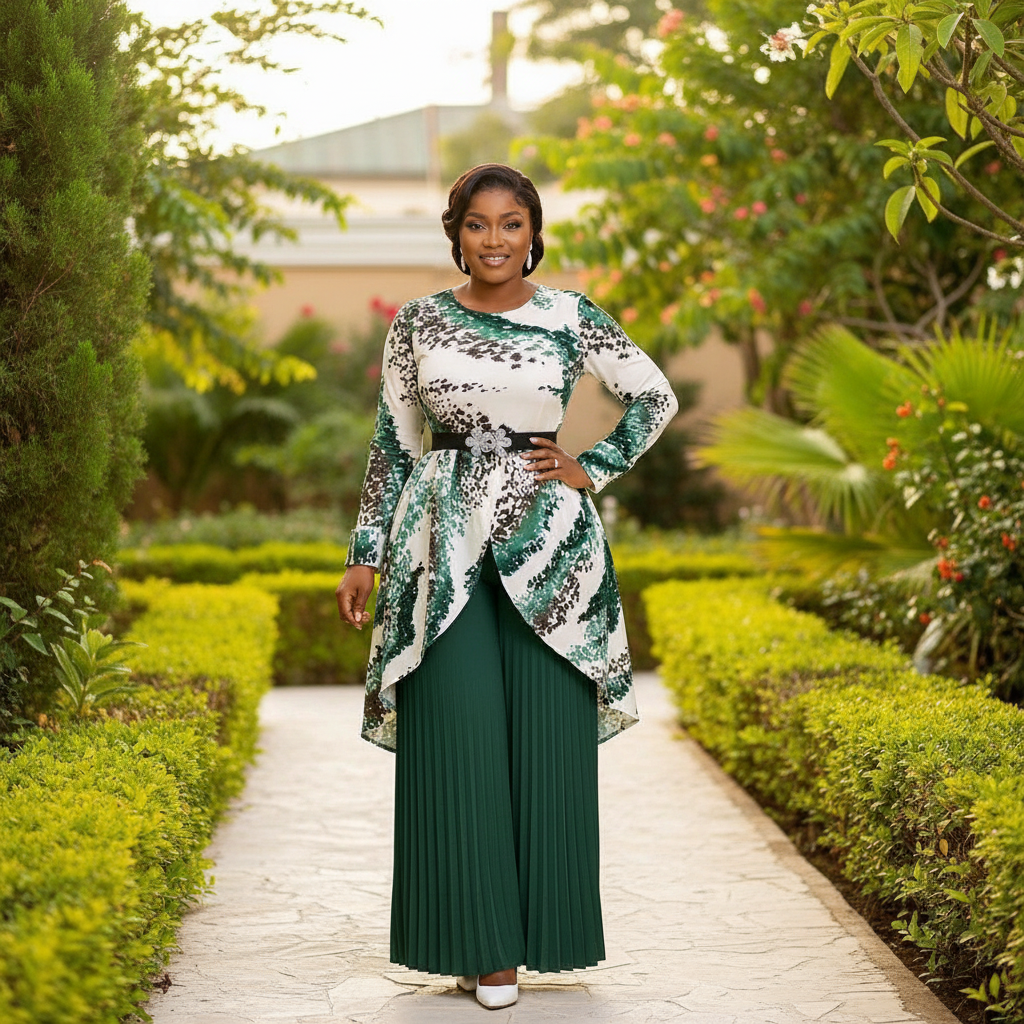 Nigerian female model wearing green abstract print top and forest green pleated palazzo trousers set