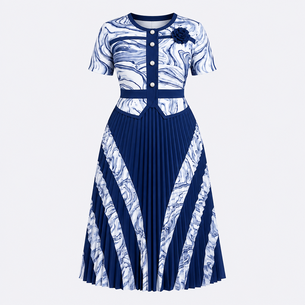 Navy and white patterned pleated dress on invisible mannequin