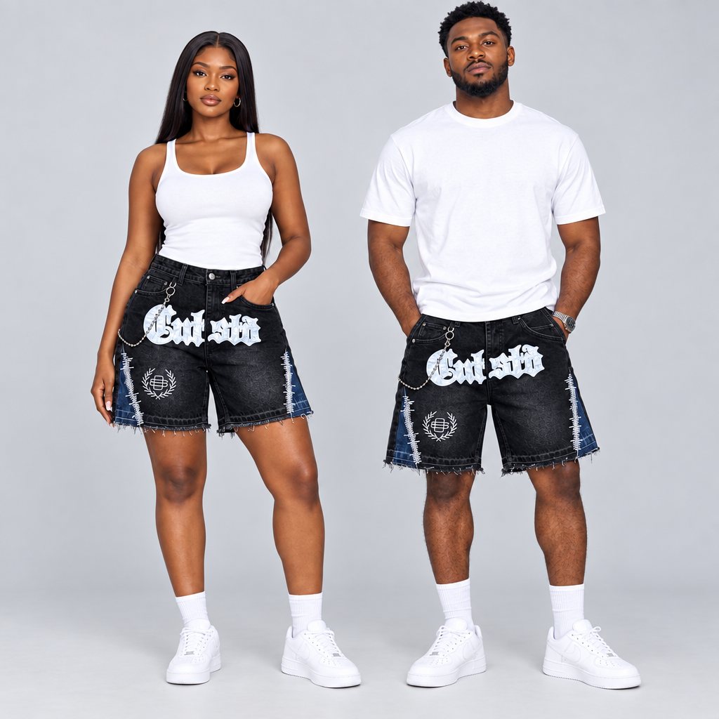 Black Nigerian woman and man wearing black graphic denim shorts together