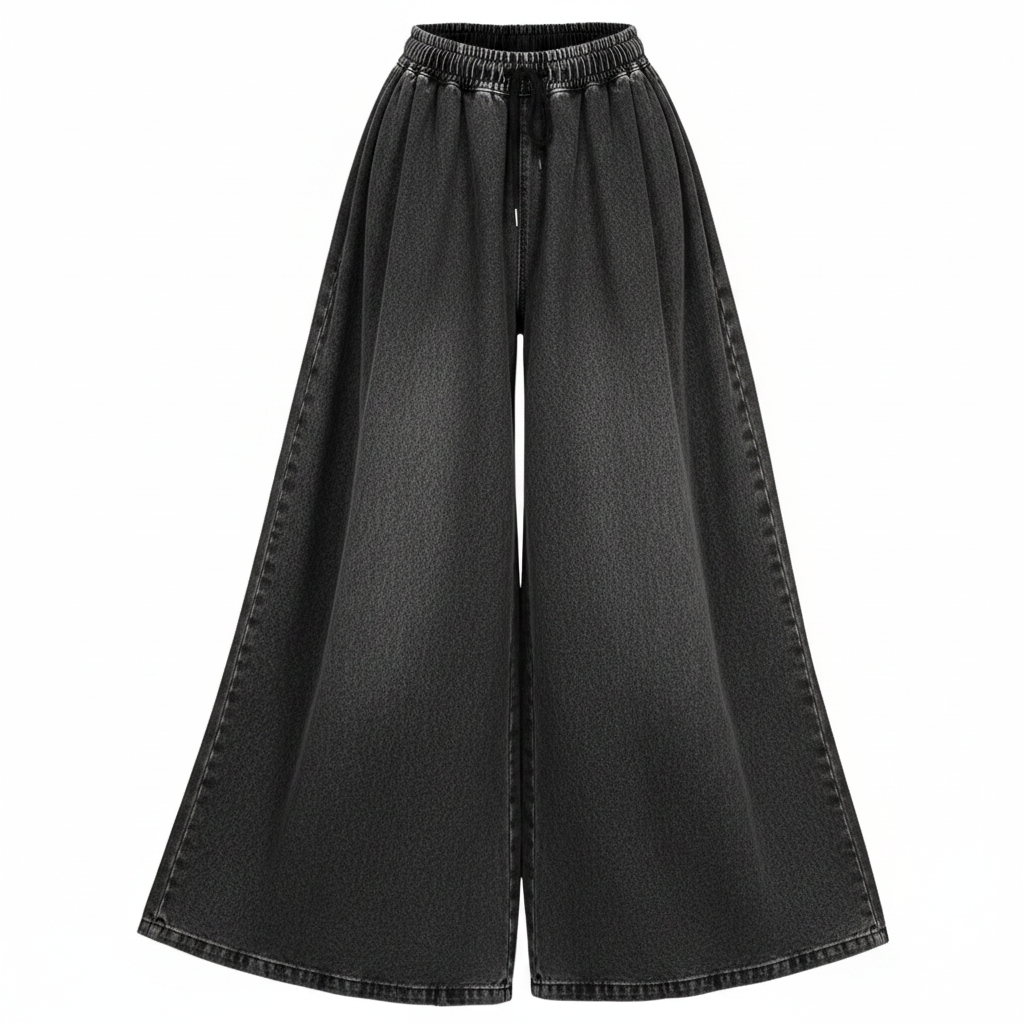 Women's washed black ultra wide-leg palazzo denim culottes on ghost mannequin, white background
