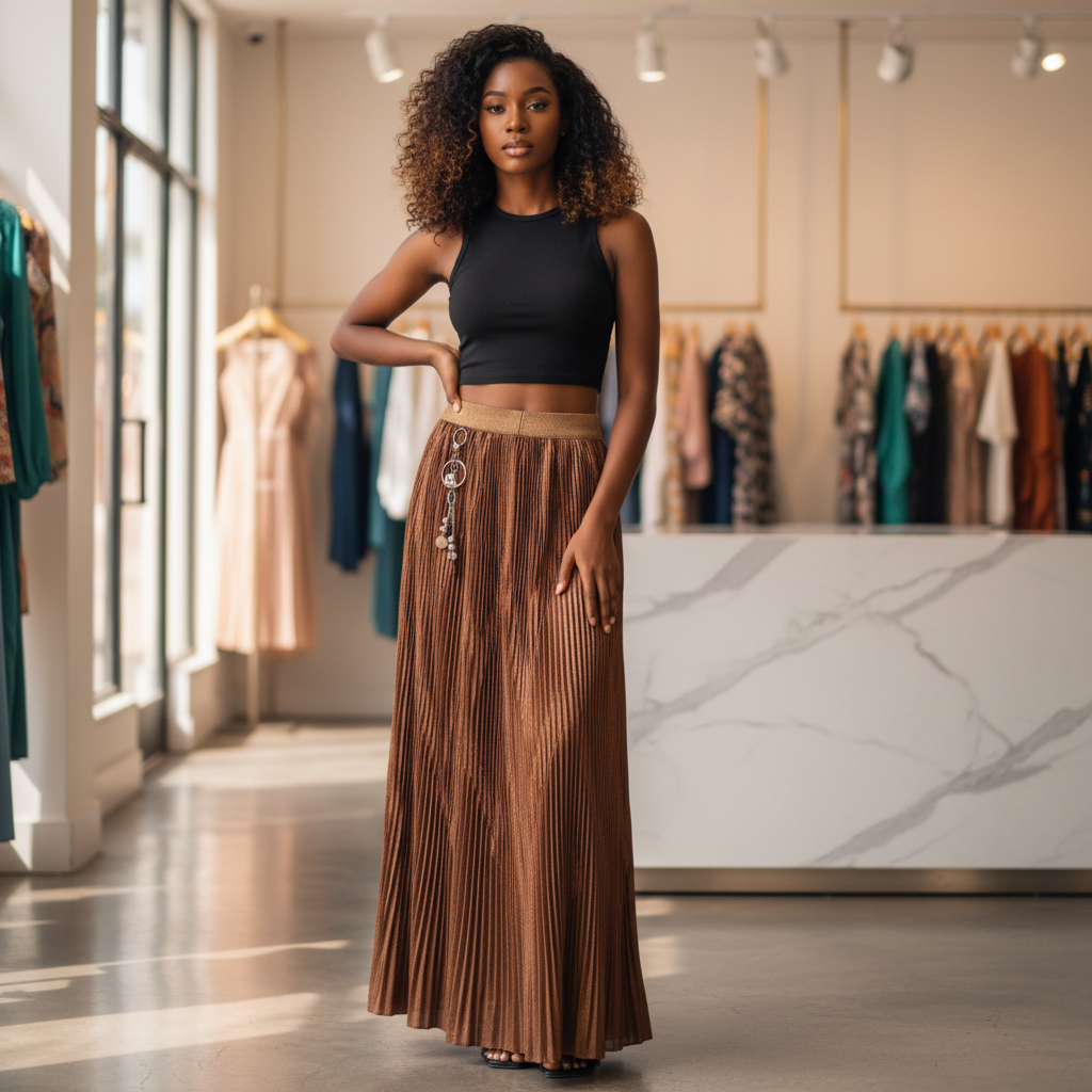 Young Nigerian female model wearing bronze metallic pleated maxi skirt