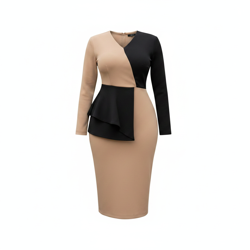 Ghost mannequin view of Women's Nude & Black Asymmetric Peplum Long-Sleeve Bodycon Midi Dress