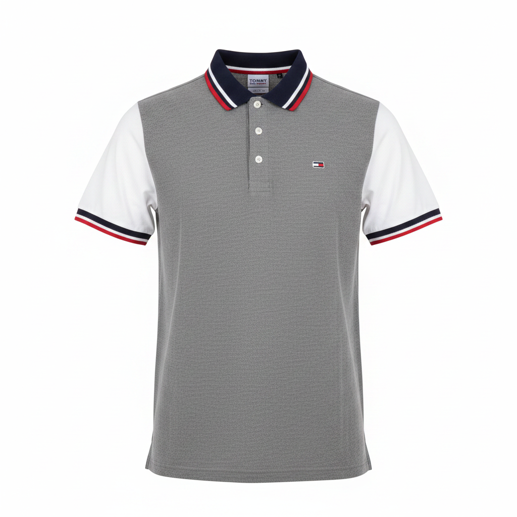 Grey marl and white colour block short sleeve polo shirt with striped ribbed collar and cuffs — ghost mannequin front view