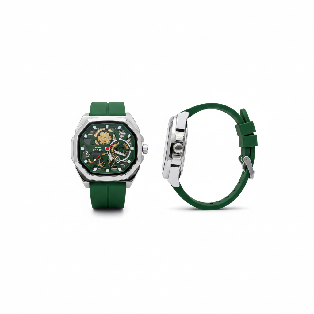 Silver case green skeleton-style wristwatch shown from the front and side