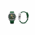 Silver case green skeleton-style wristwatch shown from the front and side