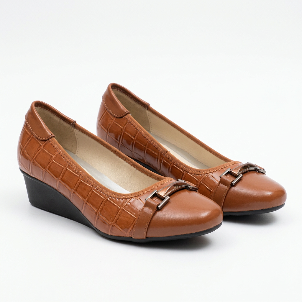 Matching cognac brown croc-embossed buckle-strap wedge shoes