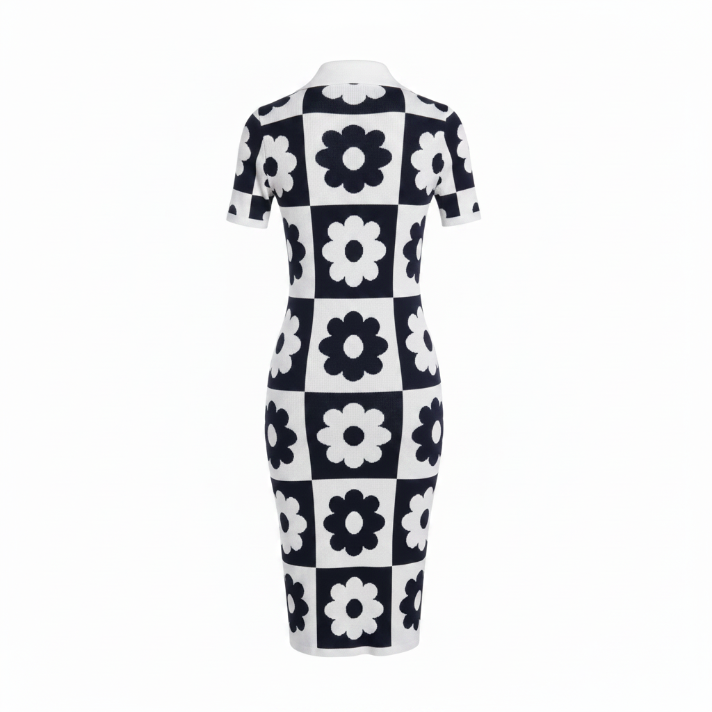 Ghost mannequin back view of navy and white daisy checkerboard knit midi dress