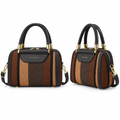 Brown and black woven-look top-handle satchel in front and angled views